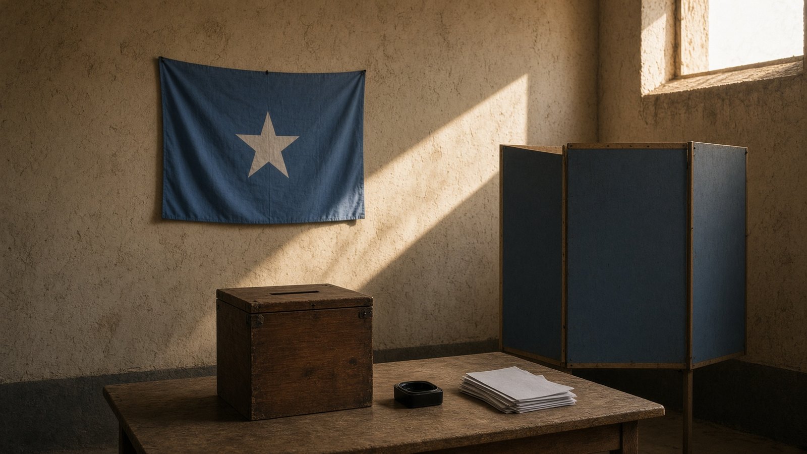 A wooden ballot box on a table in an empty polling room, a Somali flag on the wall.